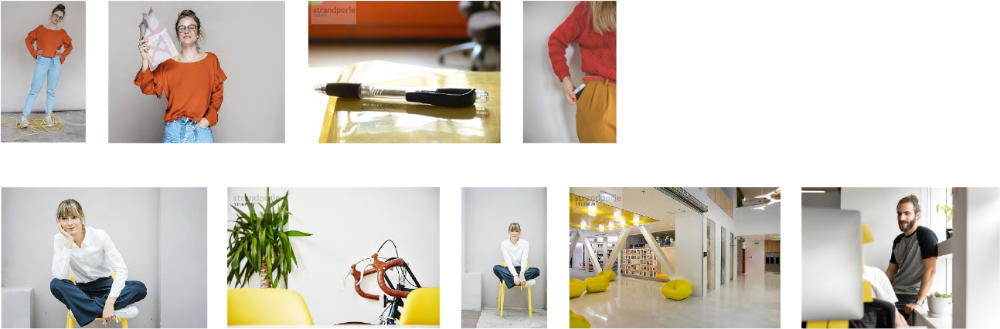 2 image sequences of stylish offices showing various details of the same location, telling a story about the work environment