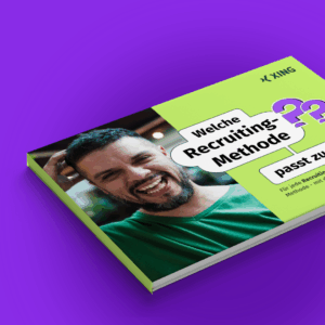 A landscape mode XING brochure with a laughing man on the cover and the title "Which recruiting method works for me?"