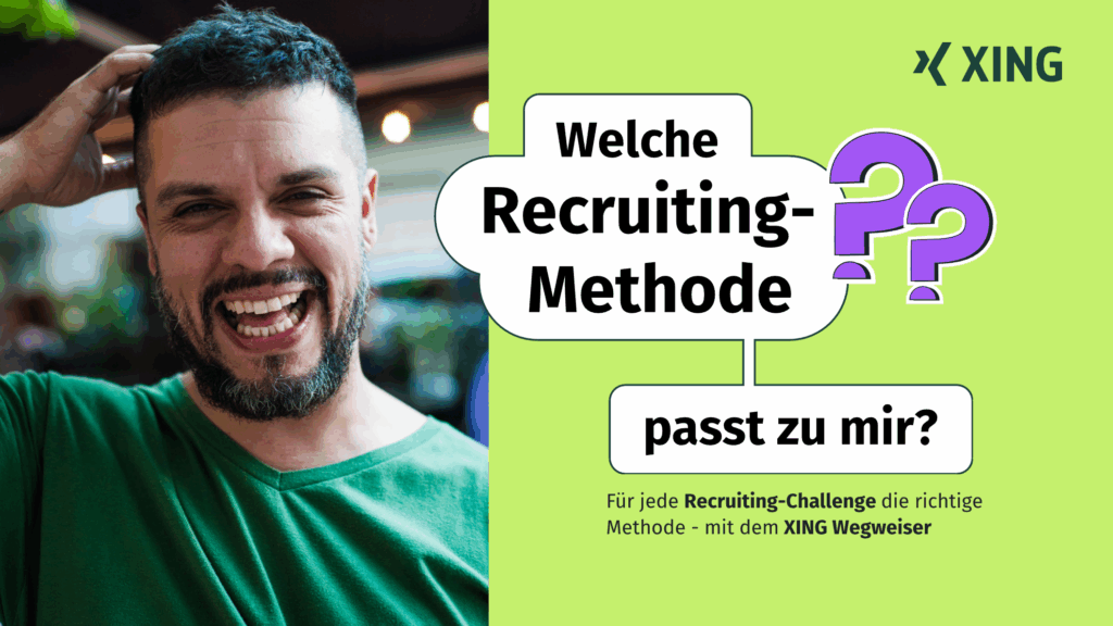 Digital whitepaper with bold lime colours and a young man of colour laughingly scratching his head, the headline “which recruiting method suits you?”. The whitepaper uses plenty of white with spaces of bold colour and high contrasts with quirky sticker graphics strewn throughout.