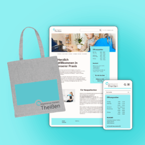 A collage of a doctor's homepage, desktop and mobile view, along with a branded tote bag