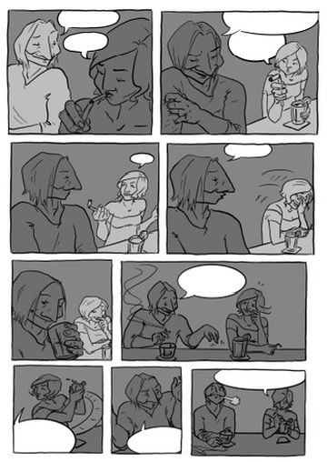 An A4 page of a greyscale comic of a man and a woman talking in a bar.