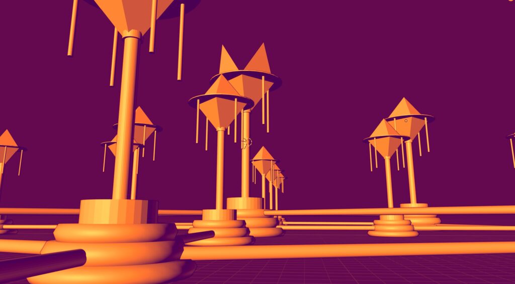 A colour toned 3D model of a space port consisting of various launch poles with pyramids on top.