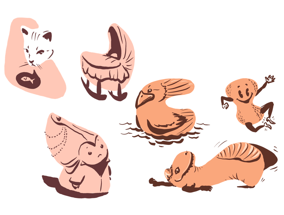Various illustrations created from abstract shapes like a crib, a duck, a dancing peanut, a cat, a monster doing Yoga and a little religious looking alien.