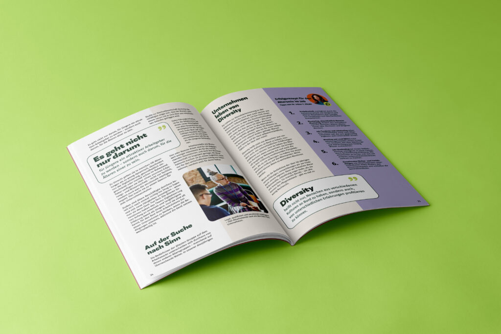 A double page spread about age in hiring. A short interview with an expert as well as impressions of age-mixed teams.