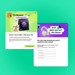 Two colourful modal screens teasing festive prize competitions