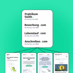 A box with four similar looking logos of XING sub brands pointing at four screen grabs of the respective products