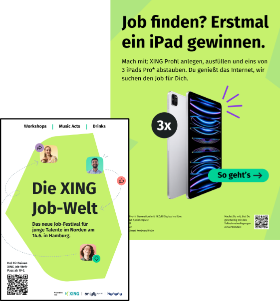 Two flyers for the XING Job world fair. One informing about the event with pictures of young people and one promoting a prize draw to win an iPad.