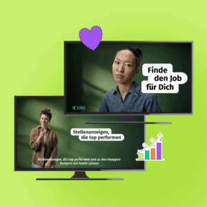 Two tv screens containing a still from the XING B2C and the B2B spot respectively along with colourful stickers